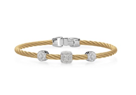 14Kt White Gold Yellow Twisted Nautical Cable Two Circle And Single Square Station Bracelet With (27) Round Diamonds Weighing 0.14cttw