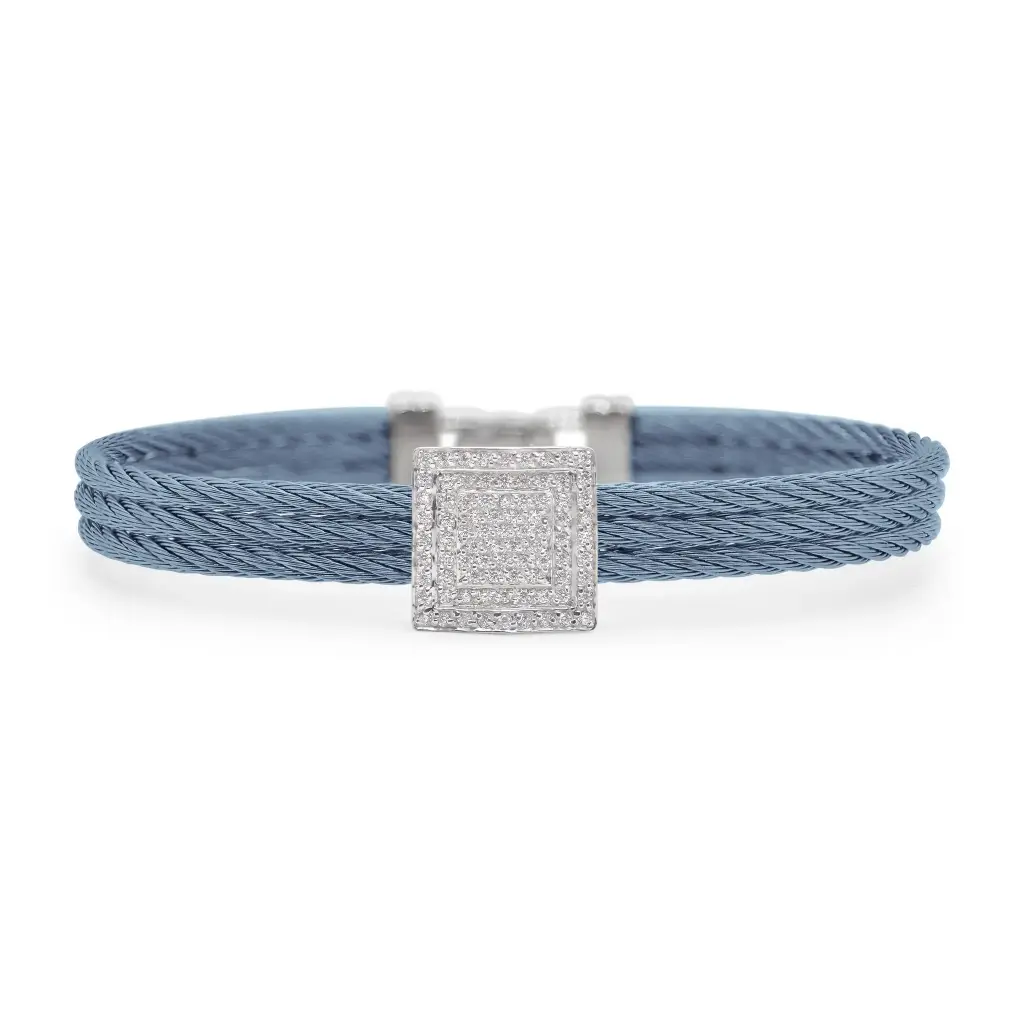 14Kt White Gold Island Blue Nautical Cable Square Station Bracelet With (83) Round Diamonds Weighing 0.42cttw