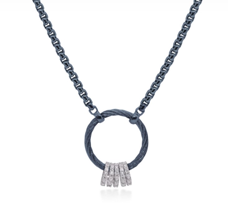 [08-28-5335-11] 14Kt White Gold Blueberry Nautical Cable And Chain Circle Necklace With Round Diamonds Weighing 0.30cttw