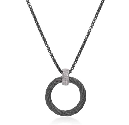 14Kt White Gold Black Nautical Cable Circle Necklace With (16) Round Diamonds Weighing 0.09cttw