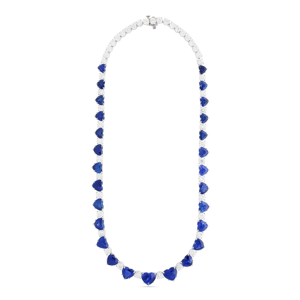 [PRTN81407-P] Platinum Line Necklace With (27) Heart Shaped Sapphires Weighing 57.85ct And (47) Round Diamonds Weighing 18.88ct
