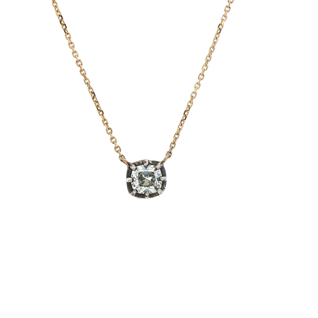 [OPD050-O] Silver On 14Kt Yellow Gold Necklace with A Cushion Cut Diamond Weighing 0.50ct