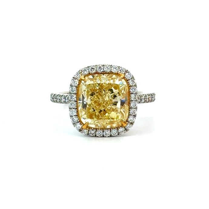[RCMB493] Platinum and 18Kt Yellow Gold Halo Ring With A Cushion Cut Yellow Diamond Weighing 4.93ct and Round Diamonds Weighing 0.30ct