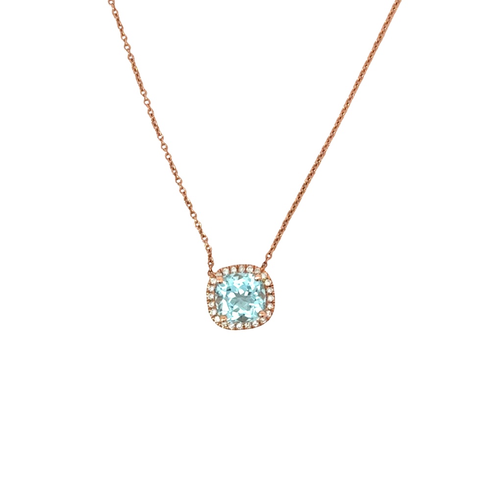 14Kt Rose Gold Halo Necklace With A Blue Topaz Weighing 2.26ct And (48) Round Diamonds Weighing 0.32ct