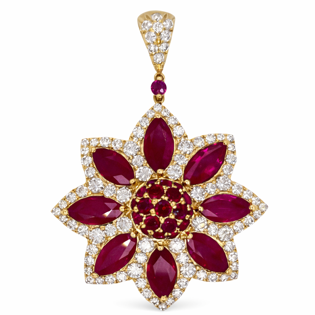 [19728] 18Kt Yellow Gold Flower Pendant With (8) Marquise Rubies Weighing 9.00ct, (20) Round Rubies Weighing 1.30ct), And (89) Round Diamonds Weighing 3.00ct
