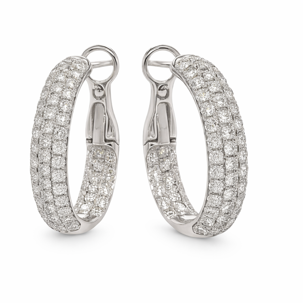 [24259] 18Kt White Gold Three Row Pave Hoops With (106) Round Diamonds Weighing 3.05cttw