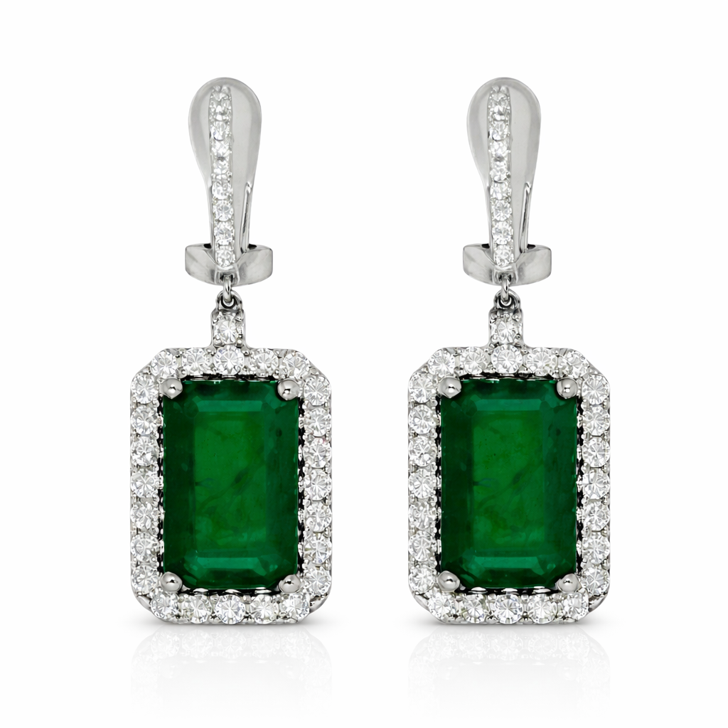 [20859] 18Kt White Gold Dangle Earrings With (2) Emeralds Weighing 9.31ct And (46) Round Diamonds Weighing 1.64ct