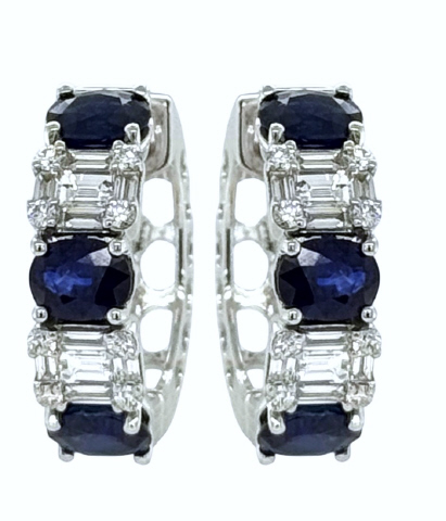 [24010] 18Kt White Gold Huggie Hoops With (6) Oval Sapphires Weighing 2.51ct, (16) Round Diamonds Weighing 0.15ct, And (20) Baguette Diamonds Weighing 0.45ct