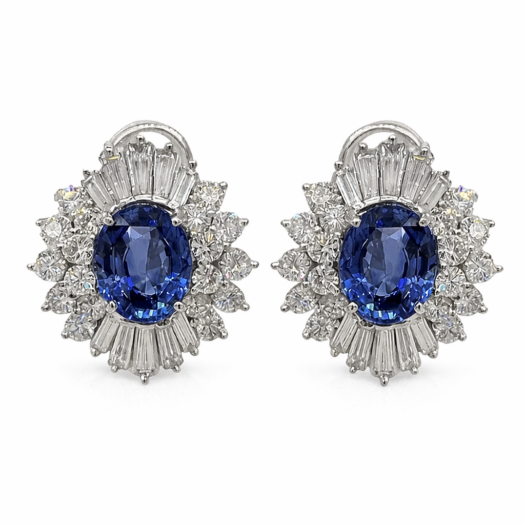[23970] Platinum Earrings With (2) Oval Sapphires Weighing 6.66ct And (56) Baguette And Round Diamonds Weighing 4.00ct