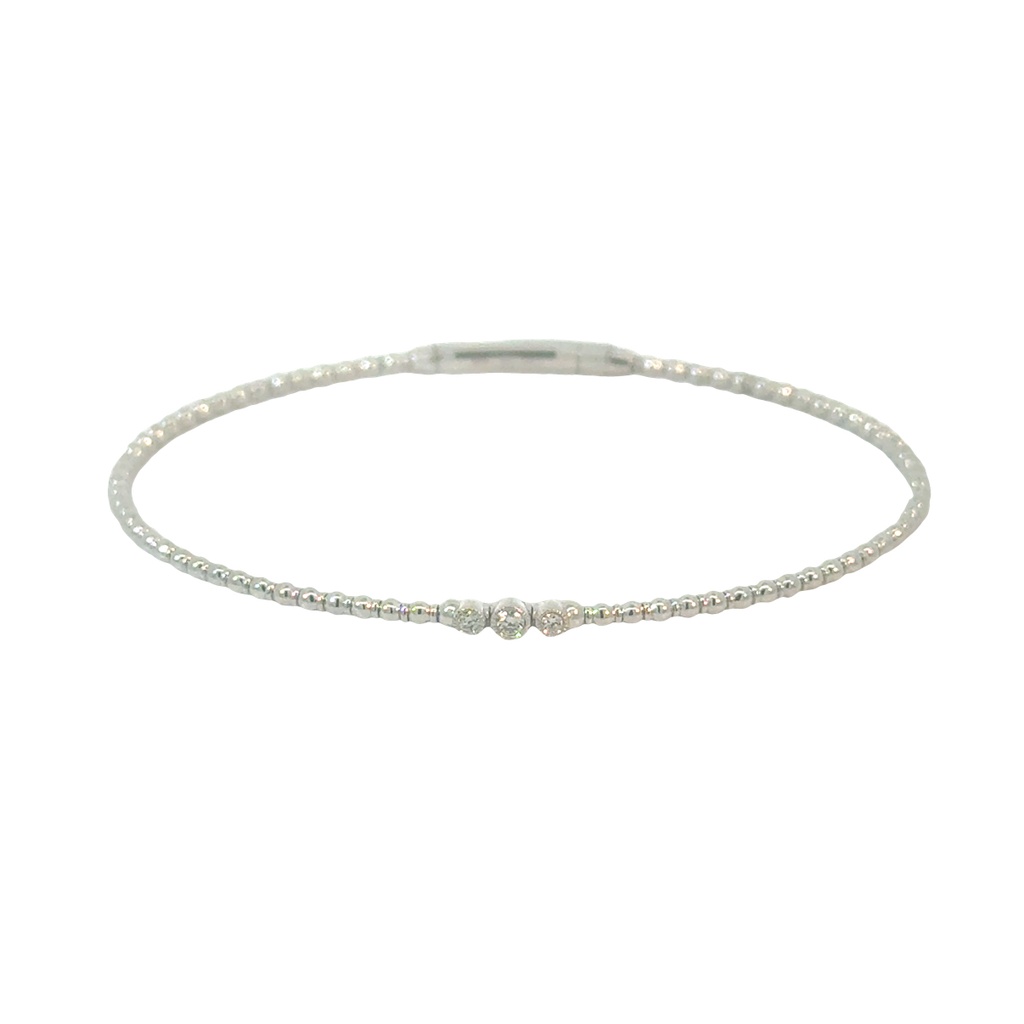 [BDD4662A-345] 14Kt White Gold Beaded Flex Bangle With (3) Round Diamonds Weighing 0.06cttw