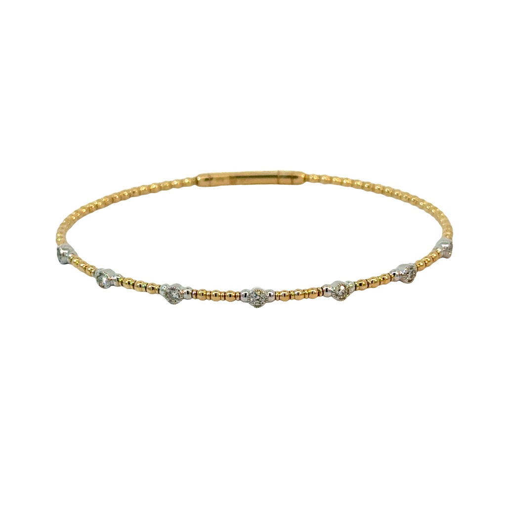 14Kt Two Toned Beaded Flex Bangle With (7) Round Diamonds Weighing 0.23cttw