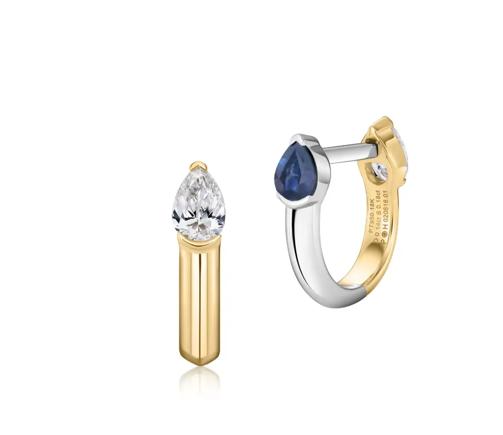 [E0076BSDPTY] 18Kt Yellow Gold And Platinum Hoops With a Pear Shaped Diamonds Weighing 0.28ct And a Pear Shaped Sapphires Weighing 0.35ct
