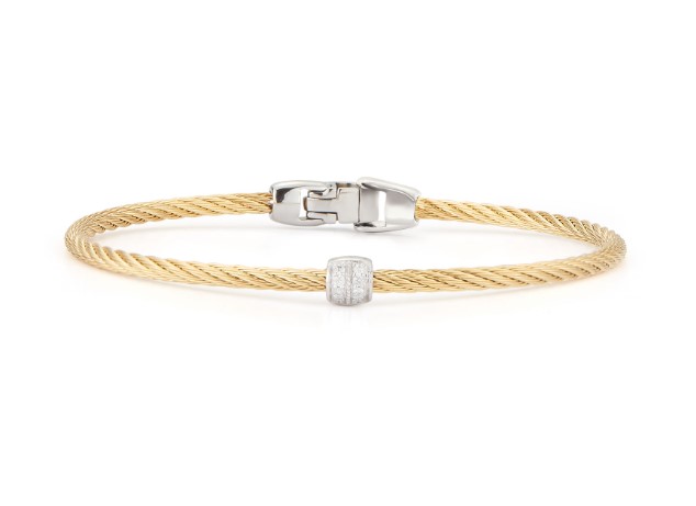 [04-37-S917-11] 18Kt White Gold Yellow Nautical Cable Single Barrel Diamond Station Bracelet 0.07cttw
