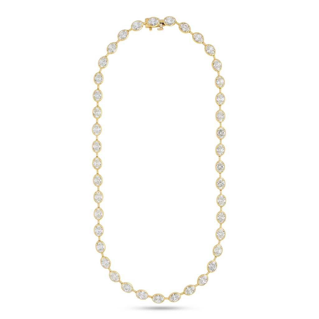 [ONYGD2190OV-O] 18Kt Yellow Gold Bar Link Collet Tennis Necklace With (41) Oval Diamonds Weighing 21.90cttw