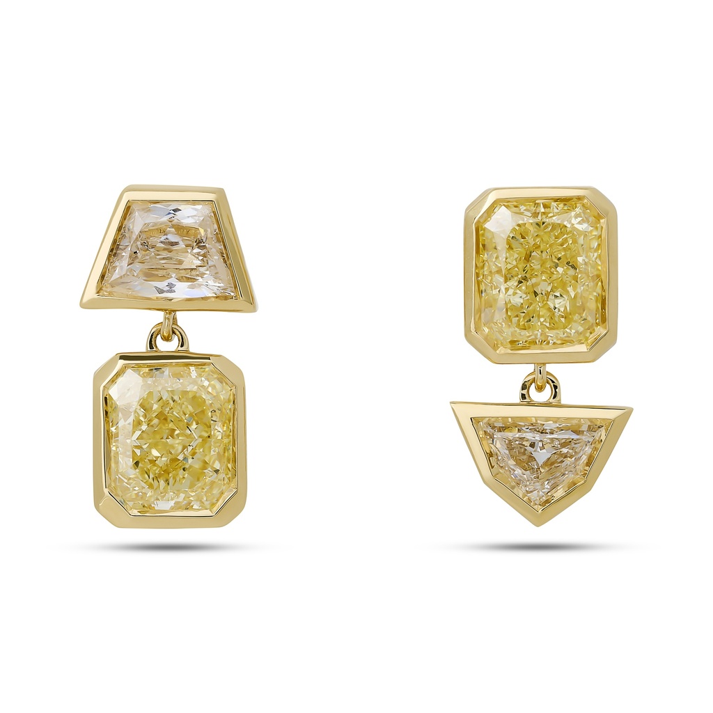 18Kt Yellow Gold Drop Earrings With (2) Radiant Cut Yellow Diamonds Weighing 2.03ct, A Trapezoid Diamond Weighing 0.38ct, And An Epaulette Diamond Weighing 0.22ct