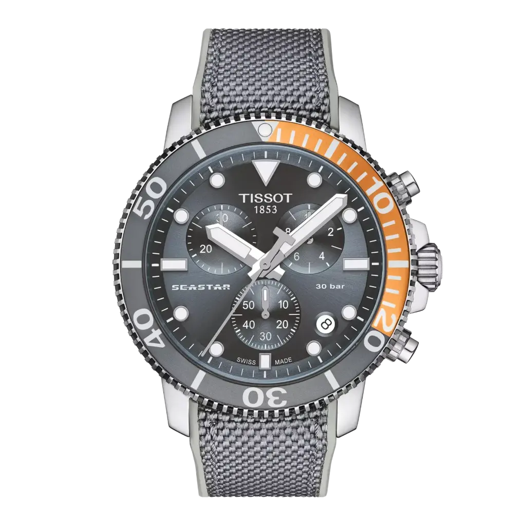 [T120.417.17.081.01] 45.5mm Seastar 1000 Quartz Movement Grey Dial Watch With A Grey Fabric Strap