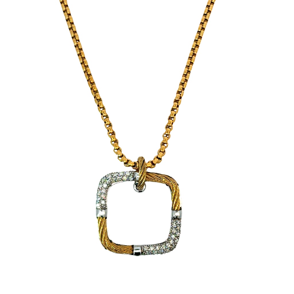 [08-37-0420-11] 14Kt White Gold Yellow Nautical Cable Open Square Necklace With Round Diamonds Weighing 0.18cttw