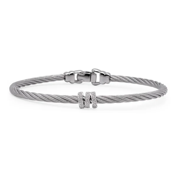 [04-32-3714-11] 14Kt White Gold Grey Nautical Cable Bracelet With (21) Round Diamonds Weighing 0.17cttw