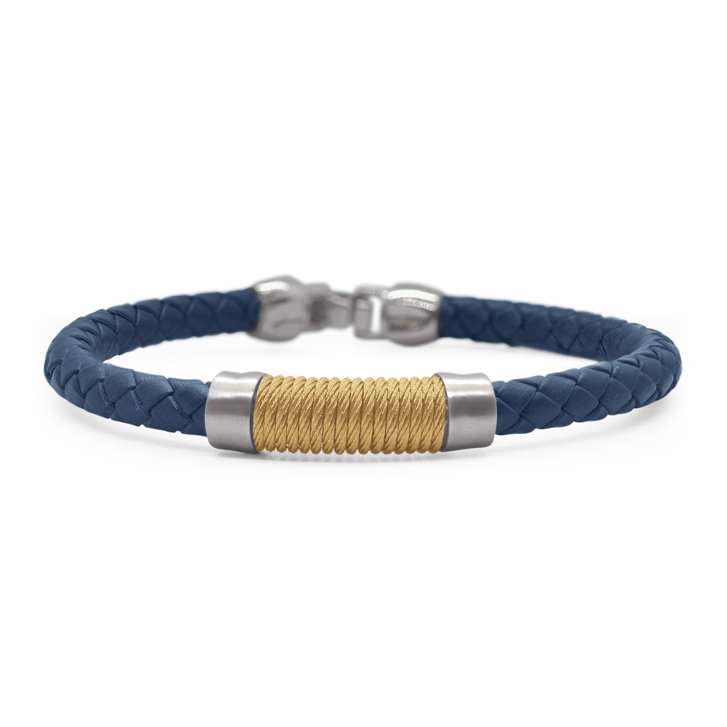 Men's Stainless Steel Yellow Nautical Cable Wrapped Blue Leather Bracelet Sz7.75