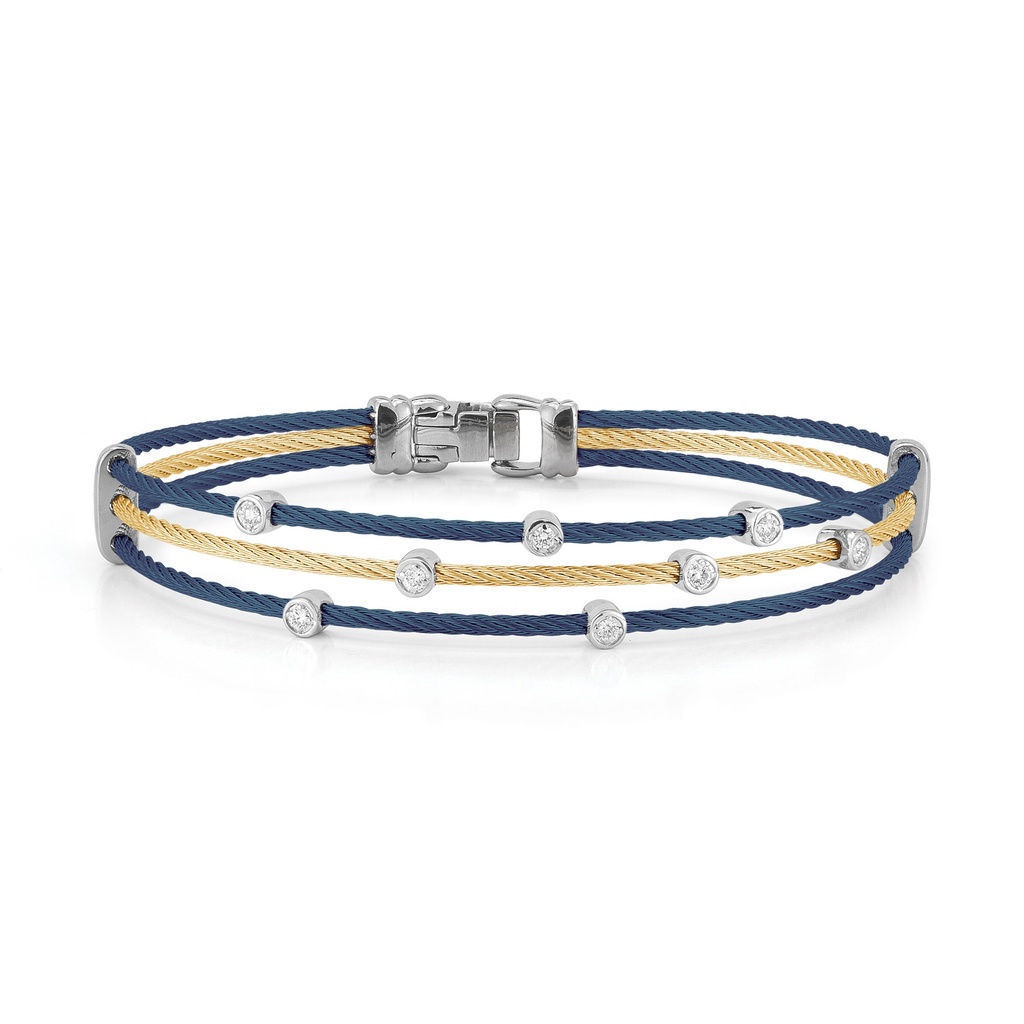 [04-68-S386-11] 14Kt White Gold Blueberry And Yellow Nautical Cable Scattered Diamond Bracelet 0.11cttw
