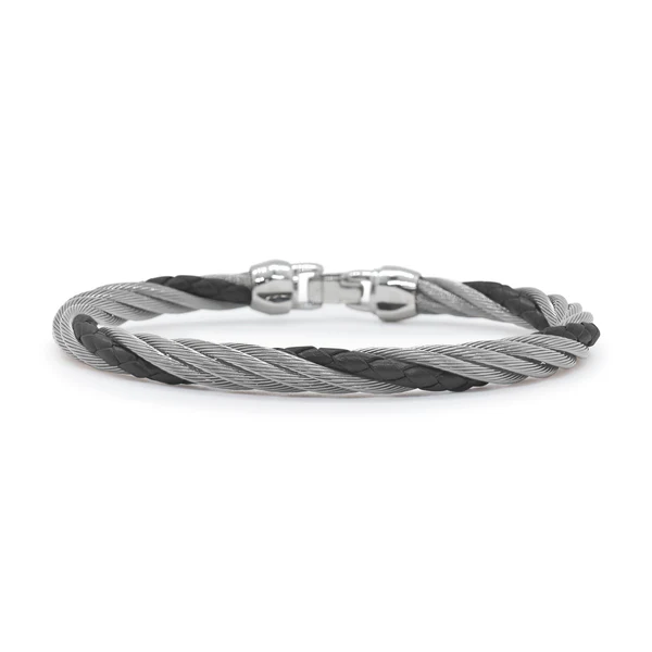 [04-13-BL20-00] Stainless Steel Grey Nautical Cable And Black Leather Twisted Bracelet