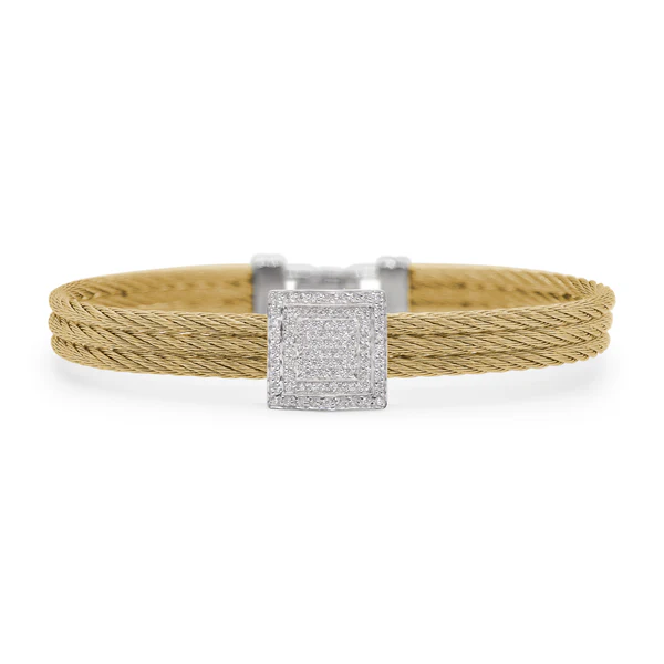 [04-37-4335-11] 14Kt White Gold Yellow Nautical Cable Large Square Diamond Station Bracelet 0.42cttw
