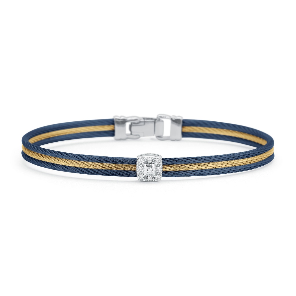 [04-68-S814-11] 14Kt White Gold Blueberry And Yellow Nautical Cable Single Square Station Diamond Bracelet 0.05cttw