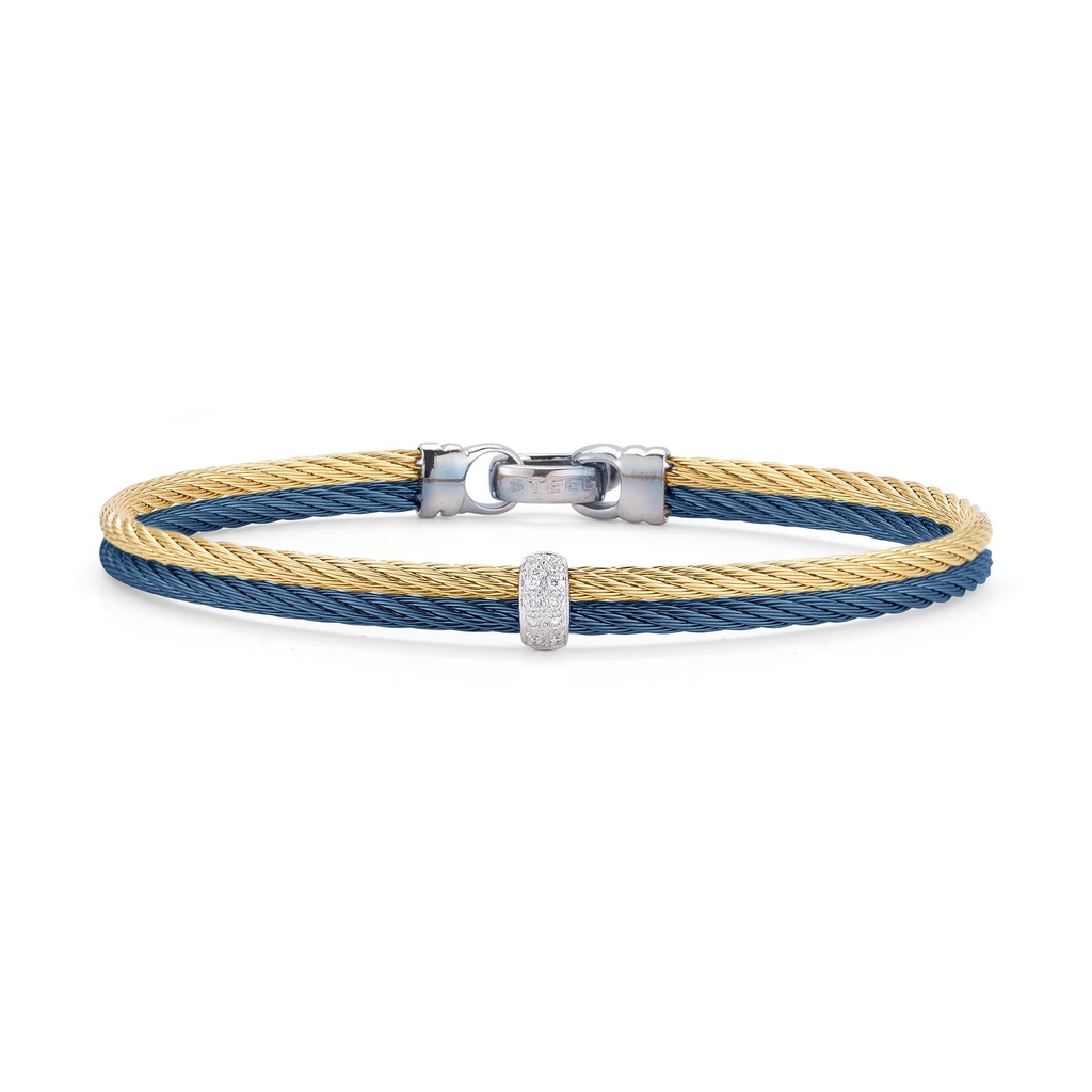 [04-68-S221-11] 14Kt White Gold Blueberry And Yellow Nautical Cable Single Bar Station Diamond Bracelet 0.08cttw