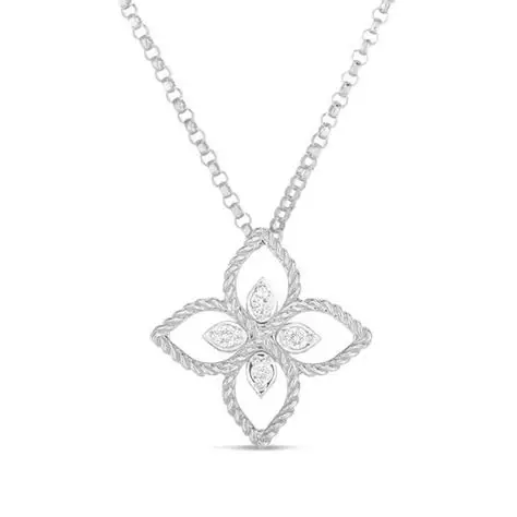 [7772717AW17X] Principessa Flower Necklace With (4) Round Diamonds Weighing 0.04cttw In 18Kt White Gold