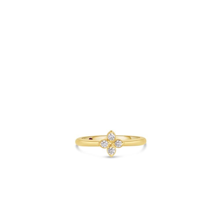 [7773657AY65X] Love In Verona Petite Flower Ring With (4) Round Diamonds Weighing 0.08cttw In 18Kt Yellow Gold