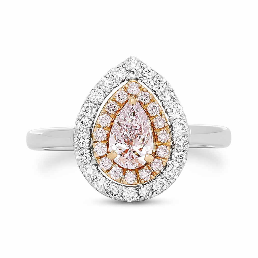 Platinum And 18Kt Rose Gold Halo Ring With A Pear Shaped Pink Diamond Weighing 0.47ct, (16) Round Pink Diamonds Weighing 0.13ct, And (22) Round Diamonds Weighing 0.26ct