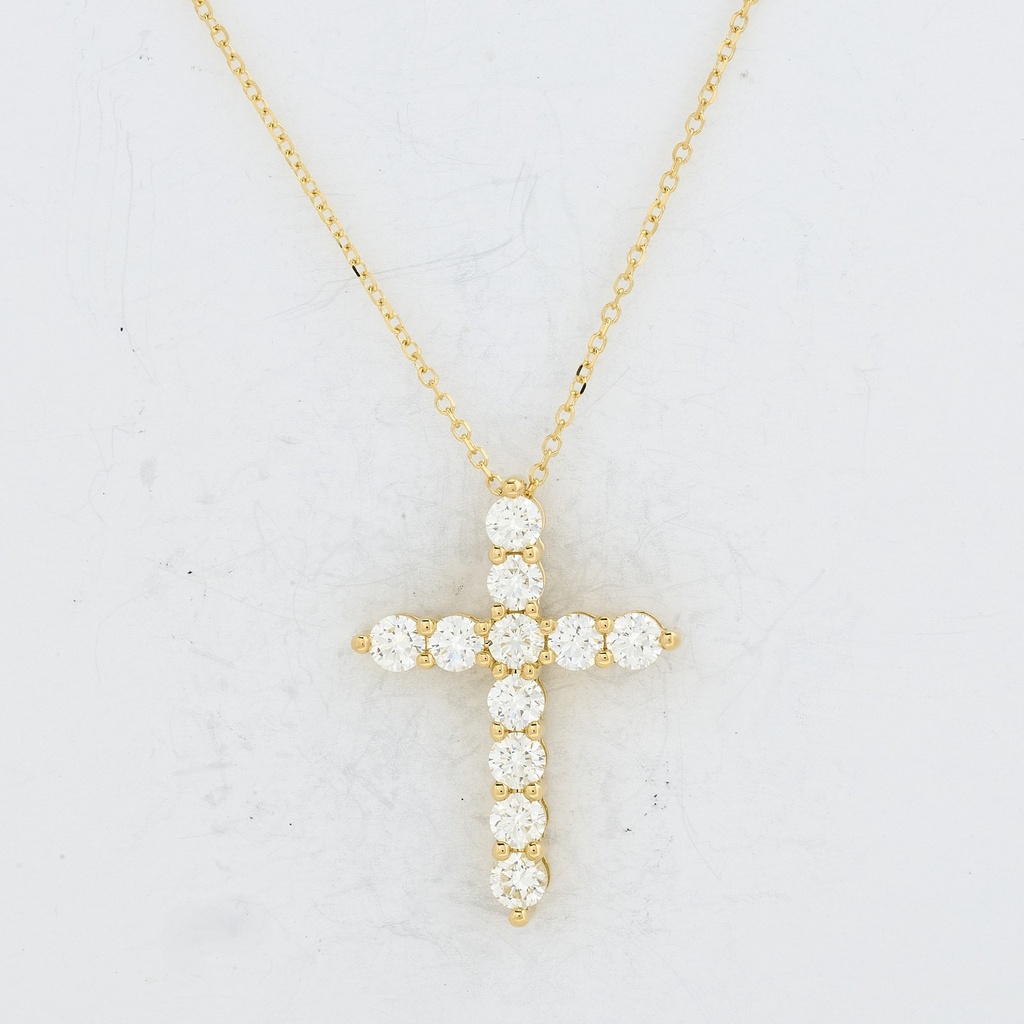 [PD79215] 18Kt Yellow Gold Cross Necklace With (11) Round Diamonds Weighing 0.96cttw