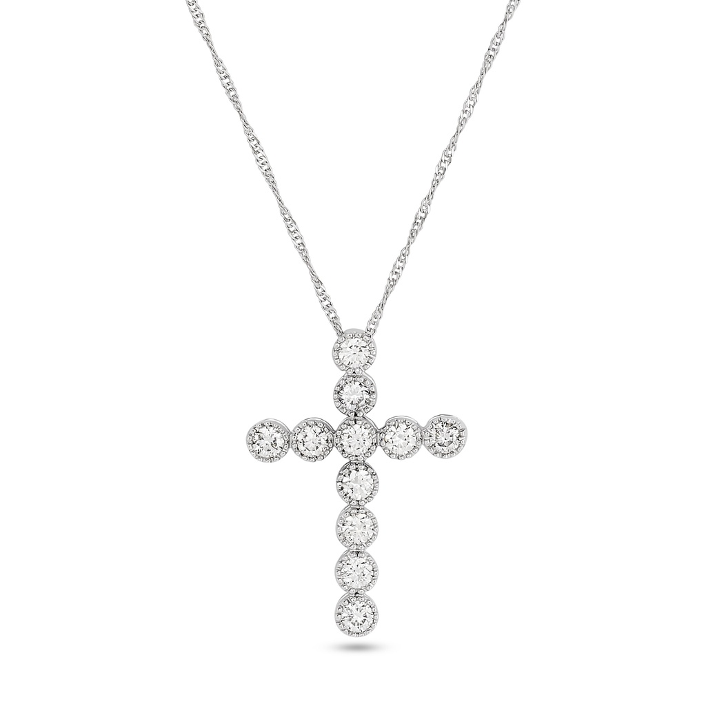 14Kt White Gold Cross Necklace With (11) Round Diamonds Weighing 0.52cttw