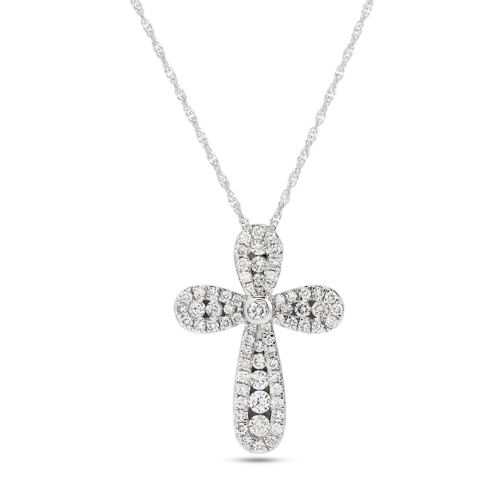 [PD79711] 14Kt White Gold Cross Necklace With (69) Round Diamonds Weighing 0.84cttw