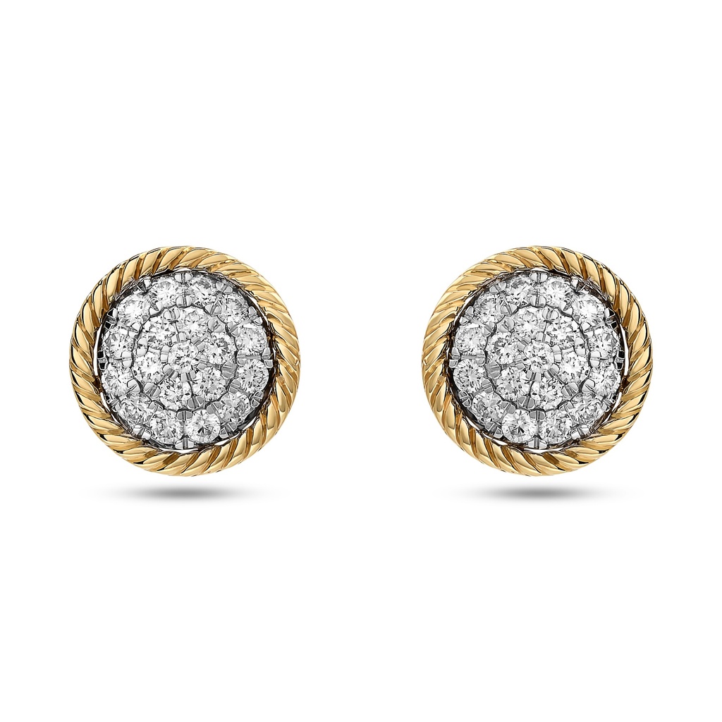 [E79805] 14Kt Two Toned Pave Disc Studs With (38) Round Diamonds Weighing 0.50cttw