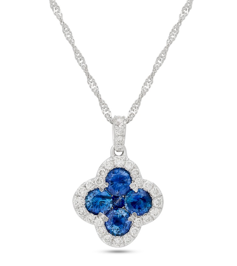 14Kt White Gold Clover Necklace With (5) Round Sapphires Weighing 1.50ct And (28) Round Diamonds Weighing 0.40ct