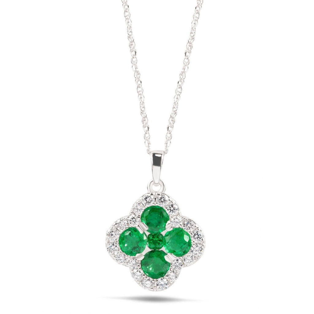[P81149.2] 14Kt White Gold Clover Necklace With (5) Round Emeralds Weighing 0.90ct and (20) Round Diamonds Weighing 0.35ct