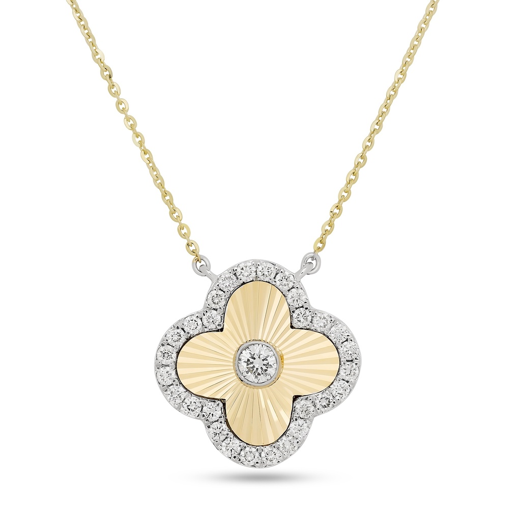 [PD81855] 14Kt Two Toned Clover Pendant With A Round Diamond Weighing 0.21ct And (32) Round Diamonds Weighing 0.62ct