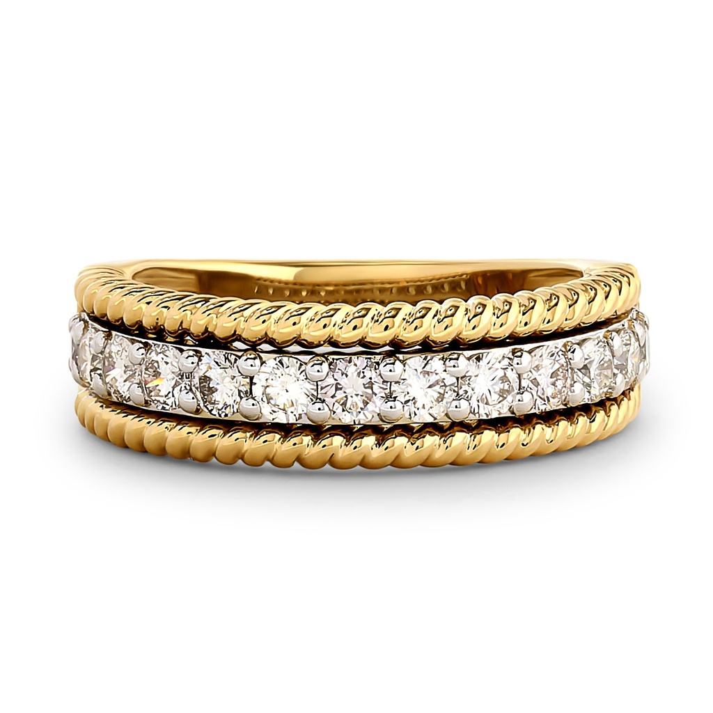 [R81868] 14Kt Two Toned Rope Design Band With (13) Round Diamonds Weighing 0.72cttw