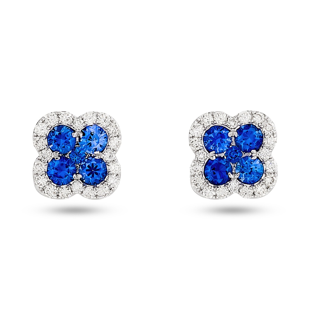 [E82624] 14Kt White Gold Clover Earrings With (10) Round Sapphires Weighing 1.25ct And (40) Round Diamonds Weighing 0.38ct