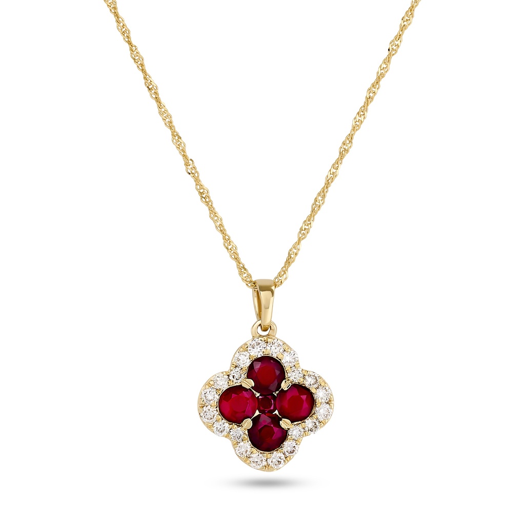 14Kt Yellow Gold Clover Necklace With (5) Round Rubies Weighing 1.15ct And (20) Round Diamonds Weighing 0.37ct
