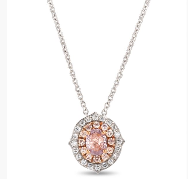 18Kt Two Toned Necklace With A Pink Oval Diamond Weighing 0.28ct, A Pink Diamond Halo Weighing 0.12ct, And A White Diamond Halo Weighing 0.10ct