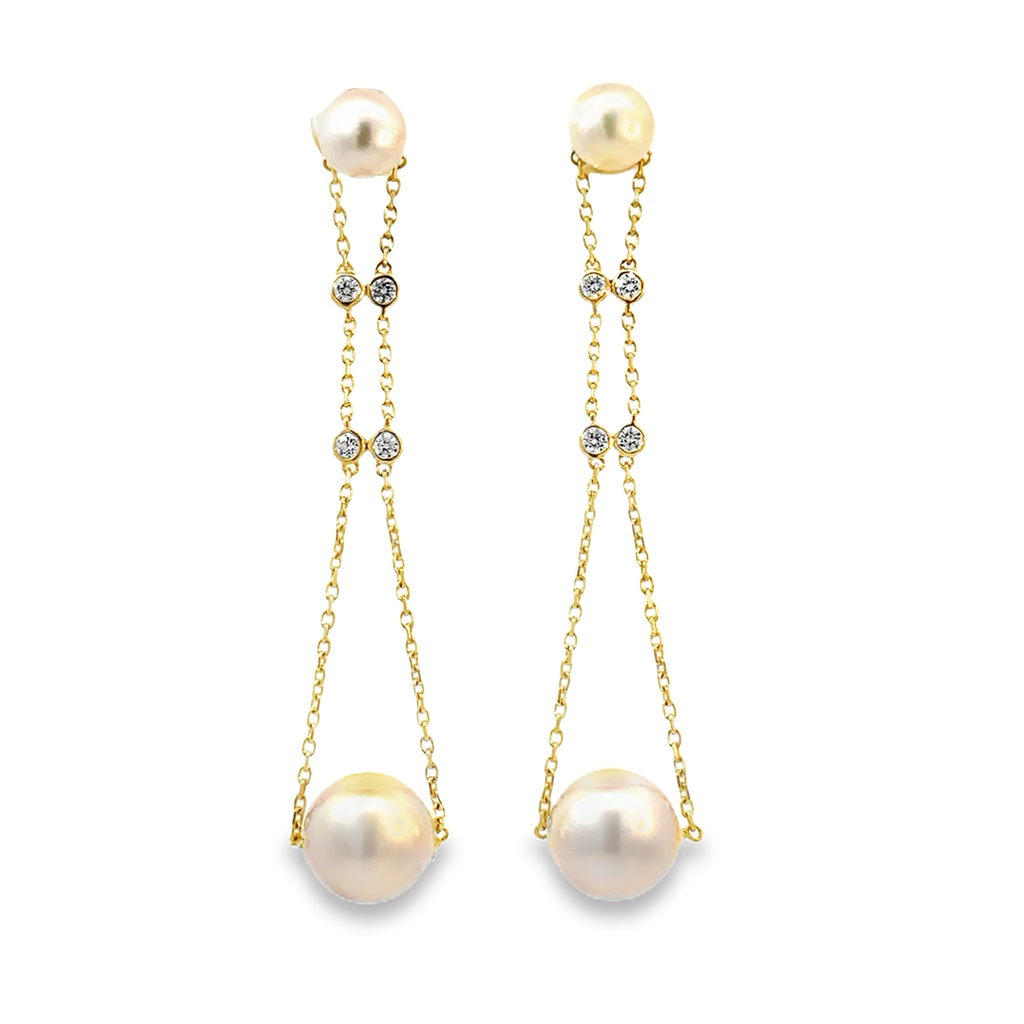 [PE208AY] Cultured Pearl Dangle Earrings With (8) Round Diamonds Weighing 0.18cttw In 14Kt Yellow Gold