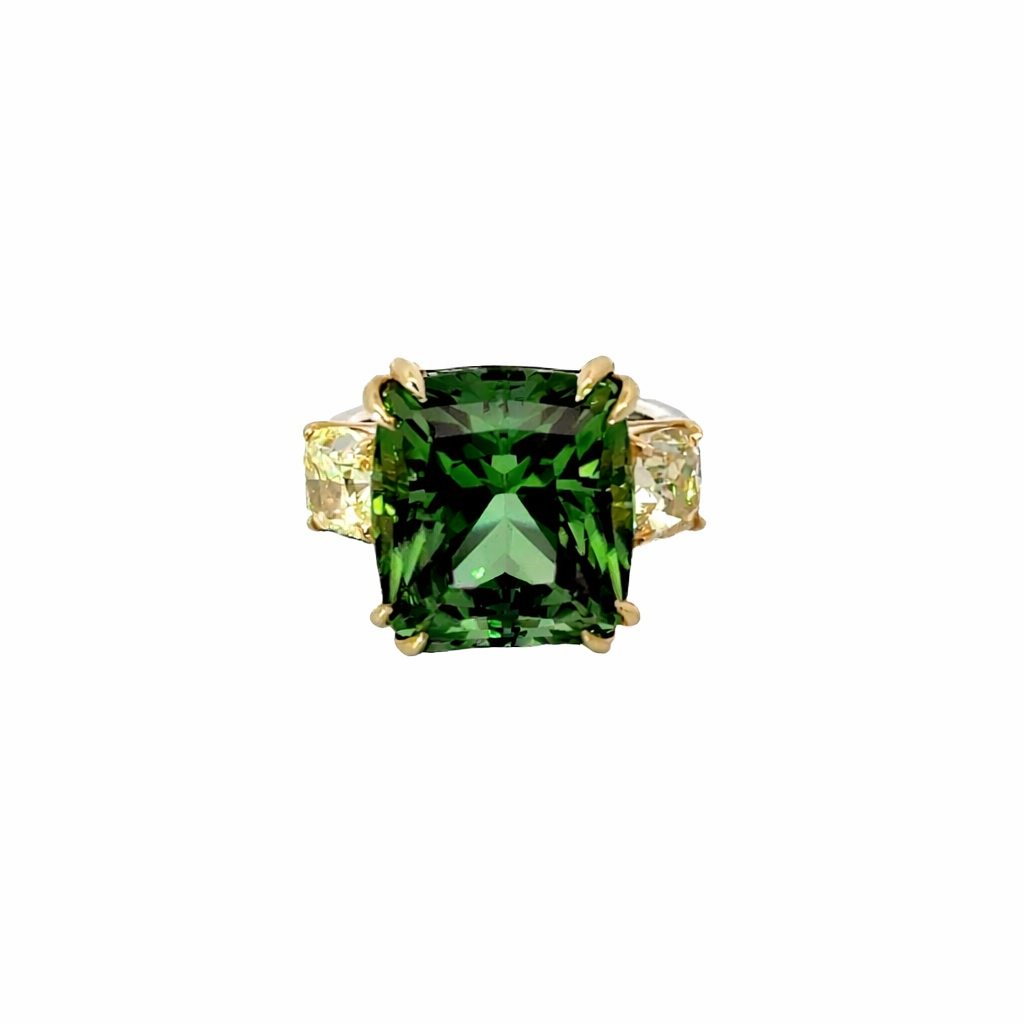 [100592] Platinum And 18Kt Yellow Gold Ring With A Green Tourmaline Weighing 18.02ct And (2) Fancy Yellow Diamonds Weighing 3.00ct