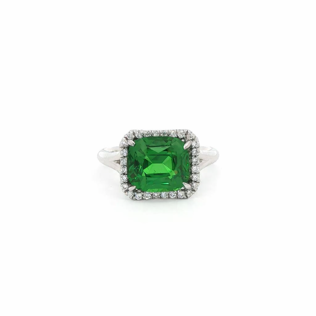 [OR316TSA-O] Platinum Halo Style Ring With A Cushion Cut Tsavorite Weighing 3.16ct And (28) Round Diamonds Weighing 0.20ct