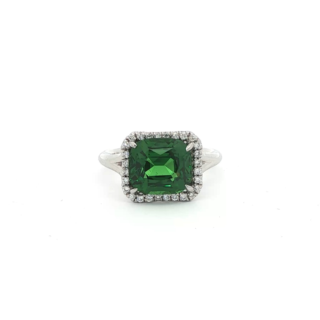 [OR316TSA-O] Platinum Halo Style Ring With A Cushion Cut Tsavorite Weighing 3.16ct And (28) Round Diamonds Weighing 0.20ct