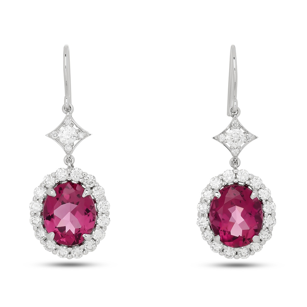 [E82087] 18Kt White Gold Dangle Earrings With (2) Oval Rubellites Weighing 9.15ct And (42) Round Diamonds Weighing 2.00ct