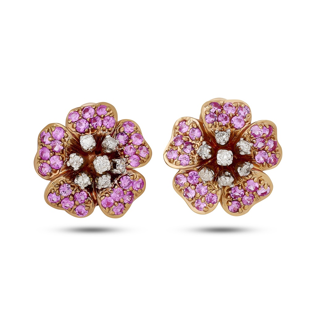 [E82241] 14Kt Rose Gold Flower Earrings With (58) Round Pink Sapphires Weighing 1.00ct And (14) Round Diamonds Weighing 0.20ct