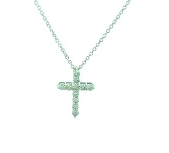 [P058-33-11-W_66] 14Kt White Gold Cross Necklace With (11) Round Diamonds Weighing 0.33cttw