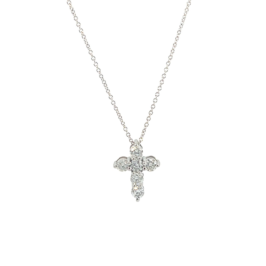 [P078-100-W PD107] 14Kt White Gold Cross Necklace With (6) Round Diamonds Weighing 1.03cttw